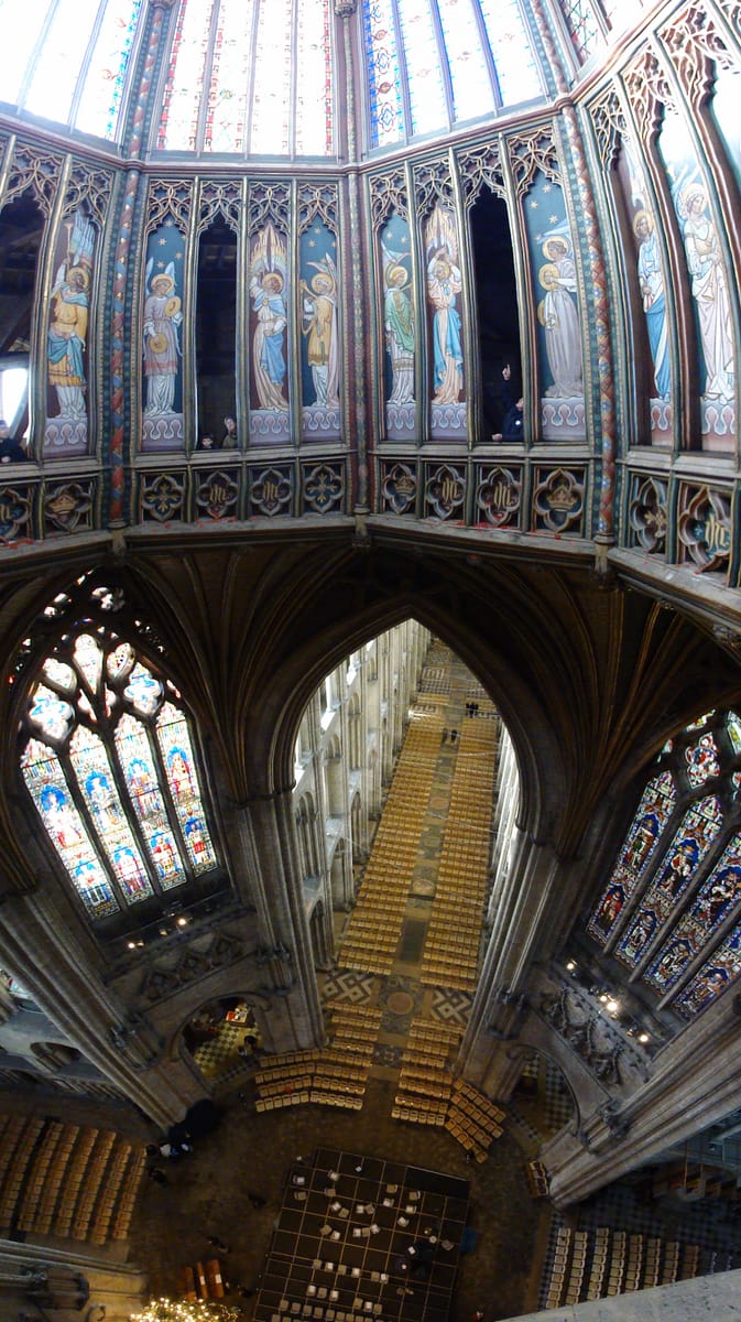 Through an open screen, down into the nave