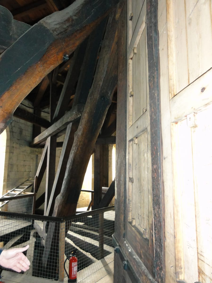 Great curved oak timbers in the roof space above the vault