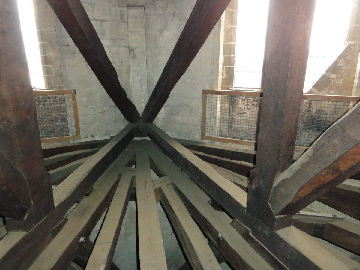 Roof timbers inside the tower, signposted for the roof crawls