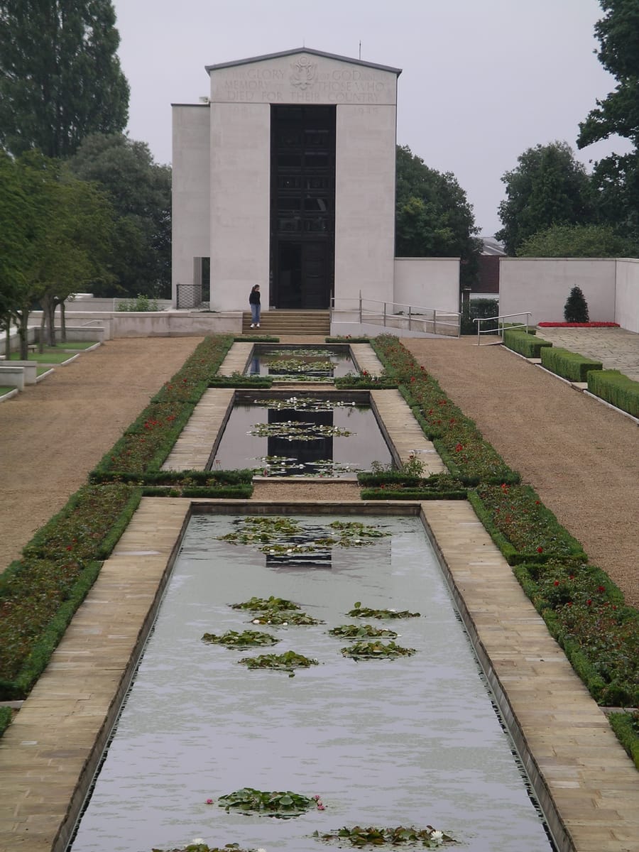 The memorial chapel, seen along the reflecting pools