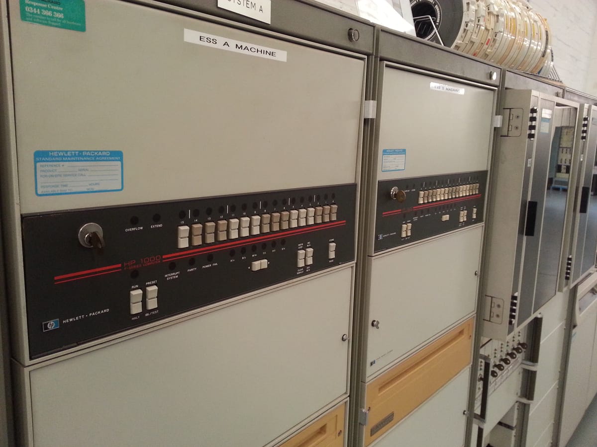 Hewlett-Packard HP 1000 cabinets, the first computers I programmed in my first job in FORTRAN