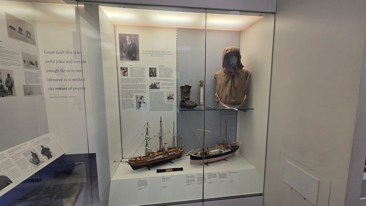 Shackleton: ship models and Scott's journal quoted on the glass